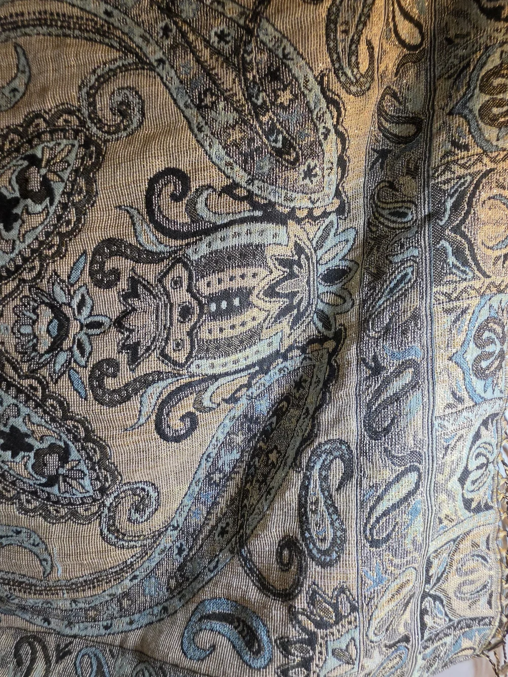 Blue Paisley Woven Tapestry/Shawl/headwrap with Cream Accents  64x26